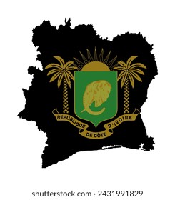 Ivory Coast map and coat of arms vector silhouette illustration isolated on white background. National symbol of country in Africa. Ivory Coast emblem banner over map.