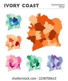 Ivory Coast map collection. Borders of Ivory Coast for your infographic. Colored country regions. Vector illustration.