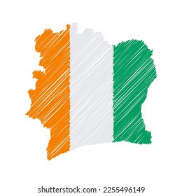 Ivory Coast map color hand drawn sketch. Vector concept illustration flag, scribble map. Country map for infographic, brochures and presentations isolated on white background. Vector illustration.