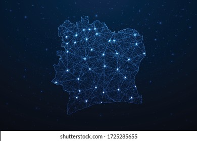 Ivory Coast Map Connection. Abstract Digital Technology 3D Mesh Polygonal Network Line, Design Sphere, Dot and Structure on Dark Background. Vector Illustration EPS10.