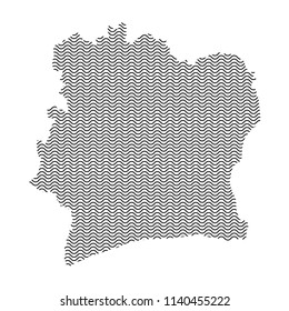 Ivory Coast map country abstract silhouette of wavy black repeating lines. Contour of sinusoid curve. Vector illustration.