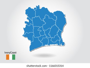 ivory Coast map design with 3D style. Blue ivory Coast map and National flag. Simple vector map with contour, shape, outline, on white.