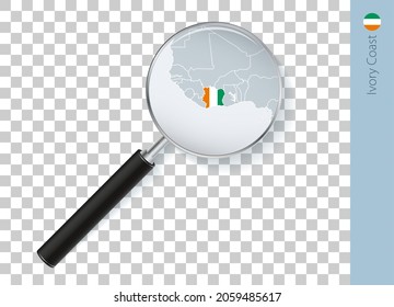 Ivory Coast map with flag in magnifying glass on transparent background. Vector loupe with map.