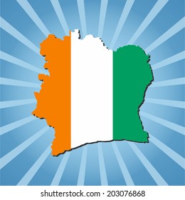 Ivory Coast map flag on blue sunburst vector illustration