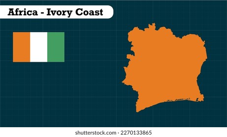 Mapa de Costa de Marfil, Mapa de Costa de Marfil, ilustración vectorial de la gráfica plana, Bandera de África de Costa de Marfil, Mapa de Costa de Marfil ilustración vectorial sobre fondo azul, África,