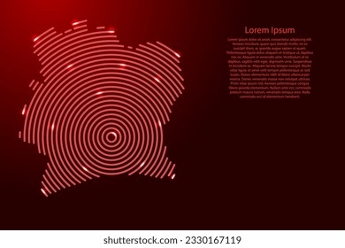 Ivory Coast map from futuristic concentric red circles and glowing stars for banner, poster, greeting card