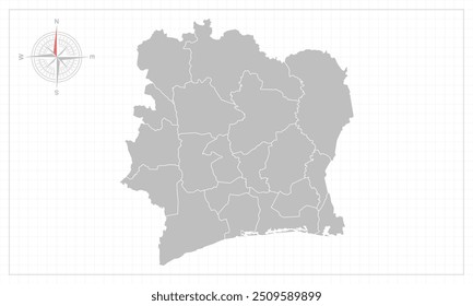 Ivory Coast map with grey style and compas element.