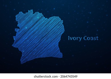 Ivory Coast map hand drawn scribble sketch.Vector map in futuristic style on dark blue space background. Vector illustration.