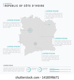 Ivory Coast map infographics with abstract pixelated dot pattern on white background. Stylized map concept with elementsl. - Vector illustration