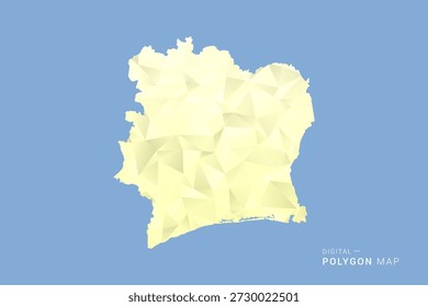 Mapa de Costa de Marfil en estilo de Vector de polígono de polietileno bajo, ilustración de forma geométrica con tonos amarillos suaves sobre fondo azul, silueta limpia para infografía.