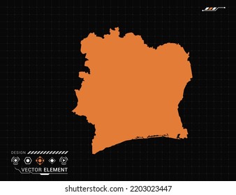 Ivory Coast map of orange digital frame HUD, GUI, UI interface technology radar vector.