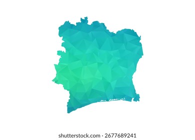 Mapa de Costa de Marfil - Ilustración vectorial de estilo polígono en degradado verde y azul, diseño geométrico de bajo poli, aislado sobre fondo blanco, perfecto para infografías y uso de aprendizaje.