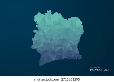 Ivory Coast Map - Polygon Style Vector Illustration with Teal Blue Gradient, Low Poly Geometric Design, Digital and Technology Inspired, Clean Silhouette on Dark Background.