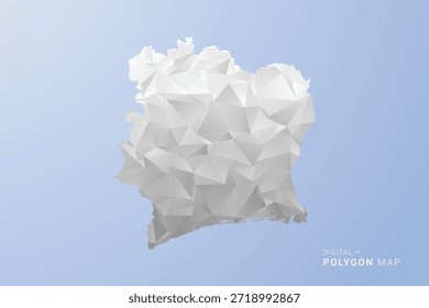 Ivory Coast Map - polygonale Vektorgrafik in Grau, Weiß und Blau, Low-Poly-geometrisches Design, minimale Silhouette, geeignet für Infografik und modernes Design.