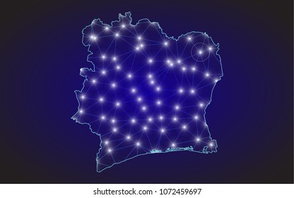 Ivory Coast map of polygonal mosaic lines network, rays and space stars of vector illustration