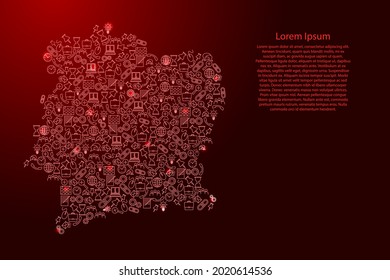 Ivory Coast map from red and glowing stars icons pattern set of SEO analysis concept or development, business. Vector illustration.