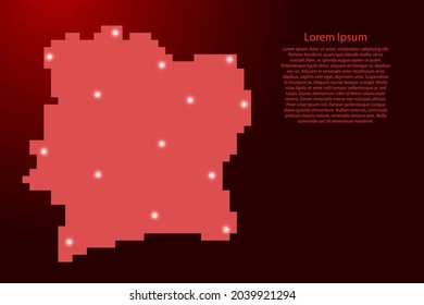 Ivory Coast map silhouette from red square pixels and glowing stars. Vector illustration.