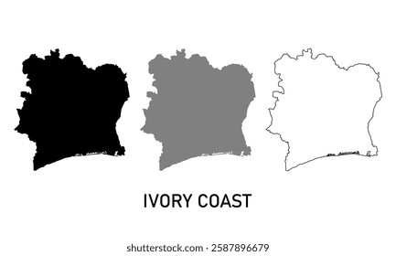 ivory coast map in various style outline, black, and gray