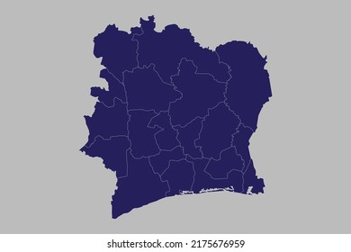 Ivory Coast map vector, blue color, Isolated on gray background