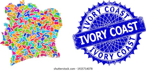 Ivory Coast map vector image. Splash collage map and distressed stamp for Ivory Coast. Sharp rosette blue stamp with tag for Ivory Coast map.
