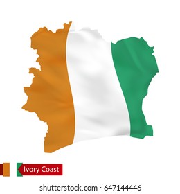 Ivory Coast map with waving flag of country. Vector illustration.