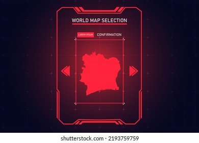 Ivory Coast Map - World Map International vector template with Red Color in perspective style and HUD, GUI, UI interface isolated on black background for design - Vector illustration eps 10