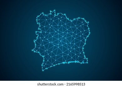 Ivory Coast Map - World Map mash line and point scales on blue technology background. Wire Frame 3D mesh polygonal network line, design sphere, dot and structure -  Vector illustration eps 10