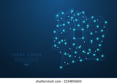 Ivory Coast Map - World map vector template with Abstract futuristic circuit board Illustration or High-tech technology mash line and point scales on dark background - Vector illustration ep 10