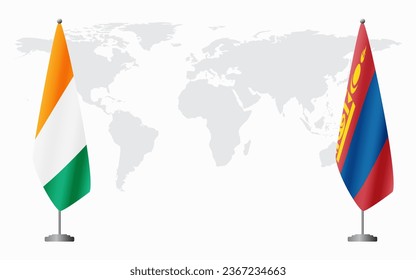 Banderas de Costa de Marfil y Mongolia para una reunión oficial en el fondo del mapa mundial.