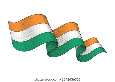 Ivory Coast national flag waving ribbon shape with engraved vintage texture