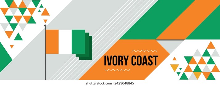 Ivory Coast national or independence day banner for country celebration. Flag and map of Cote Divoire with raised fists. Modern retro design with typorgaphy abstract geometric icons