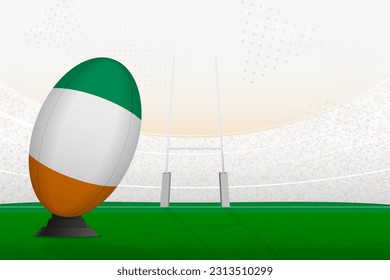 Ivory Coast national team rugby ball on rugby stadium and goal posts, preparing for a penalty or free kick. Vector illustration.