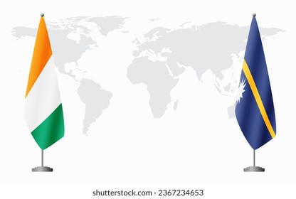 Ivory Coast and Nauru flags for official meeting against background of world map.