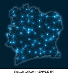 Ivory Coast network map. Abstract geometric map of the country. Digital connections and telecommunication design. Glowing internet network. Neat vector illustration.