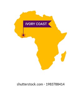 Ivory Coast on an Africa s map with word Ivory Coast on a flag-shaped marker.
