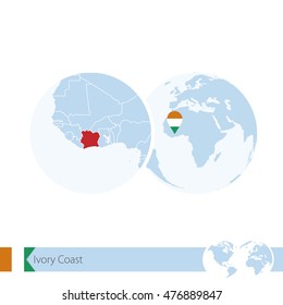 Ivory Coast on world globe with flag and regional map of Ivory Coast. Vector Illustration.