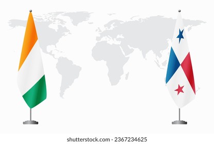 Ivory Coast and Panama flags for official meeting against background of world map.