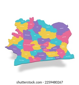 Ivory Coast political map of administrative divisions - regions and autonomous districts. 3D colorful vector map with name labels.