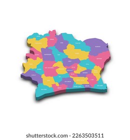 Mapa político de las divisiones administrativas de Costa de Marfil - regiones y distritos autónomos. Mapa vectorial 3D colorido con sombra caída y etiquetas de nombre de país.