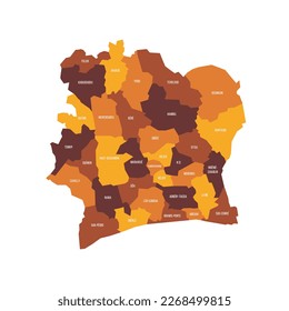 Ivory Coast political map of administrative divisions - regions and autonomous districts. Flat vector map with name labels. Brown - orange color scheme.