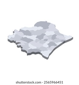 Ivory Coast political map of administrative divisions - regions and autonomous districts. 3D isometric blank vector map in shades of grey.