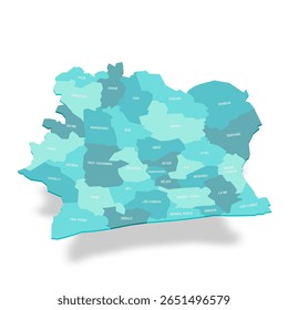 Costa do Marfim mapa político de divisões administrativas - regiões e distritos autônomos. Mapa de vetor turquesa 3D com rótulos de nome.