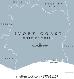 Ivory Coast political map with capital Yamoussoukro and Abidjan. Republic of Côte d'Ivoire, country on the West African coast. Gray illustration isolated on white background. English labeling. Vector.