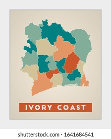 Ivory Coast poster. Map of the country with colorful regions. Shape of Ivory Coast with country name. Neat vector illustration.