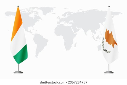 Ivory Coast and Republic of Cyprus flags for official meeting against background of world map.