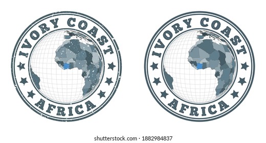 Ivory Coast round logos. Circular badges of the country with a map of Ivory Coast in a world context. Plain and textured country stamps. Vector illustration.