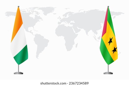 Ivory Coast and Sao Tome and Principe flags for official meeting against background of world map.