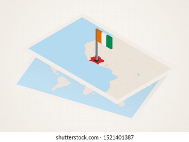 Ivory Coast selected on map with 3D flag of Ivory Coast. Vector paper map.