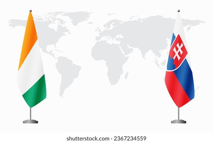 Ivory Coast and Slovakia flags for official meeting against background of world map.
