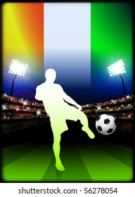 Ivory Coast Soccer Player with Flag on Stadium Background Original Illustration